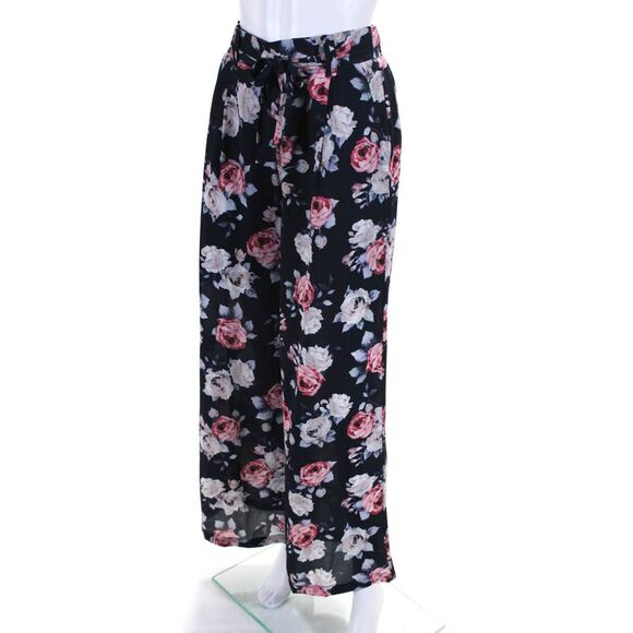 Ellelauri Womens High Rise Floral Print Belted Wide Leg Pants Blue Size S - Picture 2 of 5